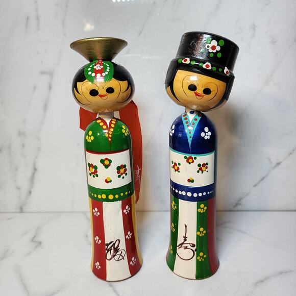 Handcrafted Japanese Kokeishi Wedding Bobblehead Pair-Vintage Asian Collectibles - Picture 1 of 10